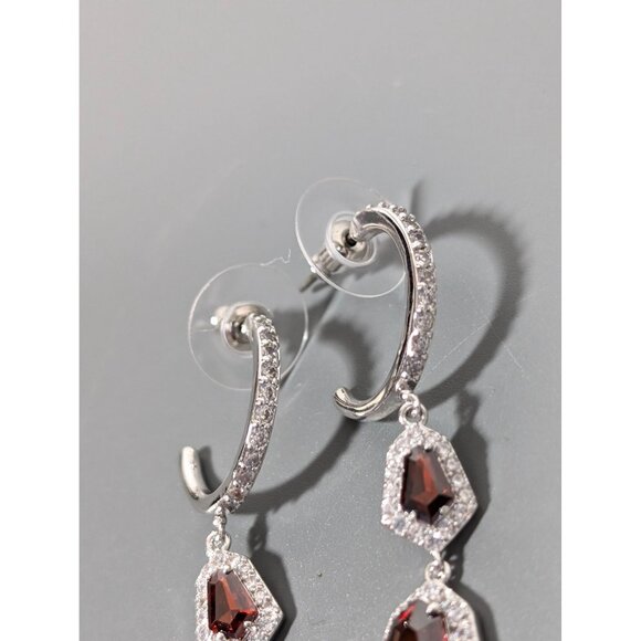Bomb Party Earrings Simulated Ruby Red Dangle Hoop Earrings Birthstone - Picture 5 of 8